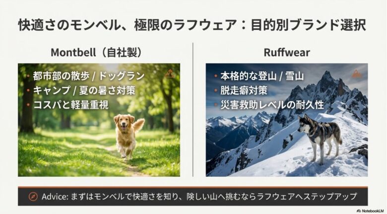 都市部・キャンプ向けのモンベルと、本格登山・脱走対策・災害救助向けのラフウェアの比較。まずはモンベルで快適さを知り、険しい山へはラフウェアへというアドバイス。