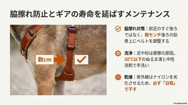 ハーネスのベルト位置を前足から数センチ後ろに調整する図解。30度以下のぬるま湯での手洗いや、紫外線を避ける日陰干しの注意点