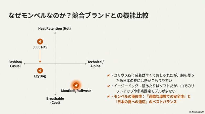縦軸を放熱性、横軸をテクニカル度とした、モンベル、ラフウェア、ユリウスK9、イージードッグの比較図。日本の夏への適応と安全性のバランスにおけるモンベルの優位性。