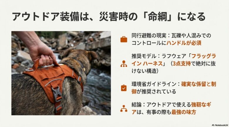瓦礫のある場所でハンドルを使って犬をコントロールする様子。ラフウェアのフラッグラインハーネスが絶対に抜けない3点支持構造であることの解説