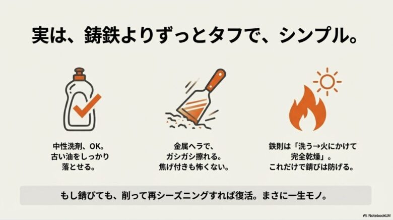 中性洗剤OK、金属ヘラ使用OK、鉄則は「洗って完全乾燥」であることを示す、メンテナンスのアイコン付き解説スライド