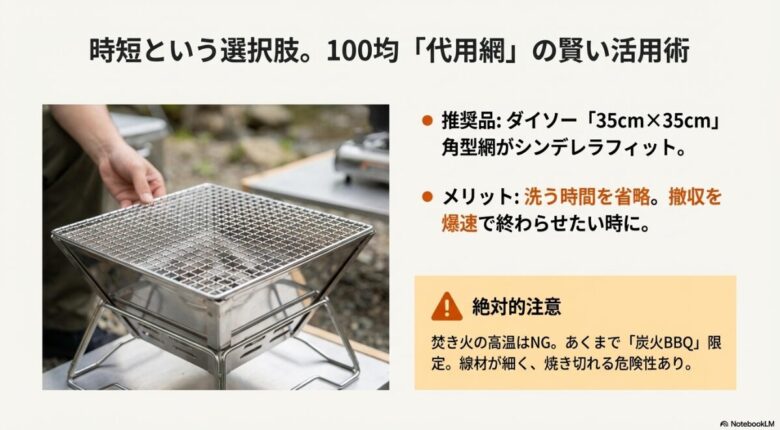 100均の代用網としてダイソーの35cmx35cm角型網を推奨するスライド。撤収を早めるメリットと、焚き火の高温では線材が焼き切れる危険があるため炭火BBQ限定で使用すべきという絶対的注意を記載しています