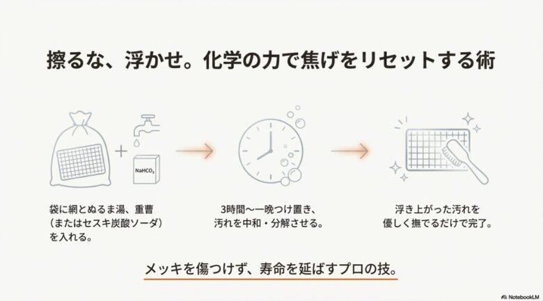 重曹やセスキ炭酸ソーダを入れたぬるま湯に網を3時間から一晩つけ置きし、汚れを中和・分解させてから優しく撫でて汚れを落とす工程を3ステップで示すイラスト。