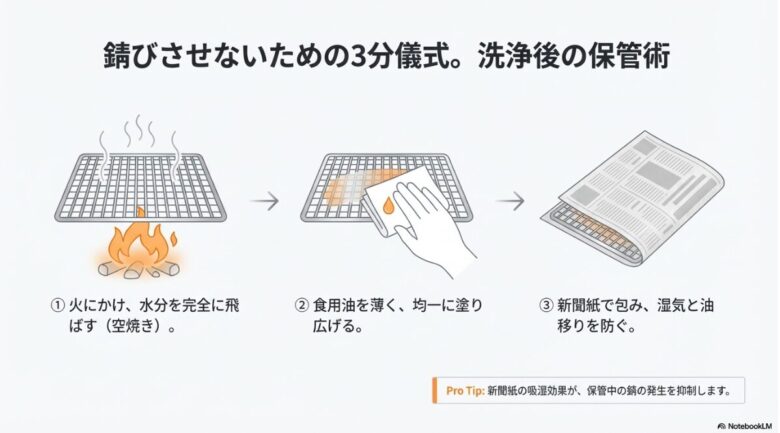 網を錆びさせない保管術の3ステップ解説スライド。①火にかけて空焼きし水分を飛ばす、②食用油を薄く塗る、③新聞紙で包んで吸湿し錆を抑制するという手順を図解しています。