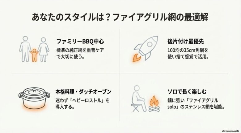 ファミリーBBQ、後片付け優先、本格調理、ソロの4つのスタイルに合わせた網の選び方をアイコンと共にまとめたスライド。