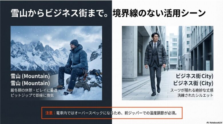雪山でのビレイシーンとビジネス街での着用イメージを比較した活用シーンのガイド
