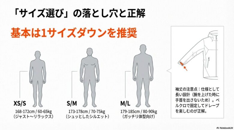168cmから185cmまでの身長別に推奨サイズとシルエットの傾向を示したサイズチャート