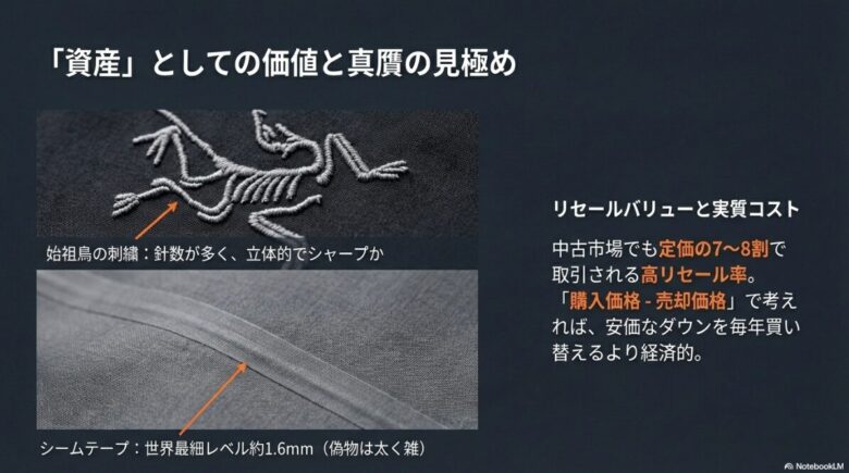 本物の証である高密度な刺繍と約1.6mmの極細シームテープを拡大した真贋チェックポイント