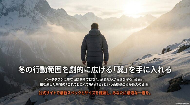 冬から身を守る「装備」としてのベータダウンの価値を伝えるクロージングスライド