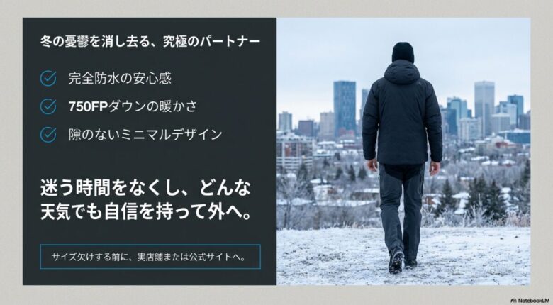 結論のまとめ。完全防水、750FPの暖かさ、ミニマルデザインにより、どんな天気でも自信を持って外出できるパートナーであることを強調。