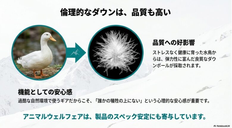 ストレスなく健康に育った水鳥から採取される、弾力性に富んだ良質なダウンボールの解説図