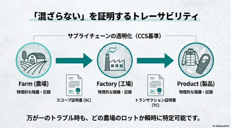 農場、工場、製品の各段階における物理的な隔離・記録と、スコープ証明書（SC）・トランザクション証明書（TC）の流れを示す図
