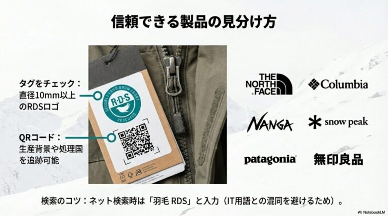 直径10mm以上のRDSロゴやQRコードが付いたタグの実物写真と、主要な採用ブランドロゴ、検索時の注意点