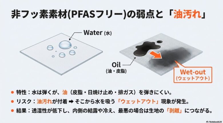 非フッ素素材が油分に弱く、皮脂や汚れによってウェットアウト（表面の濡れ）が起きやすい特性を説明する図解スライド。