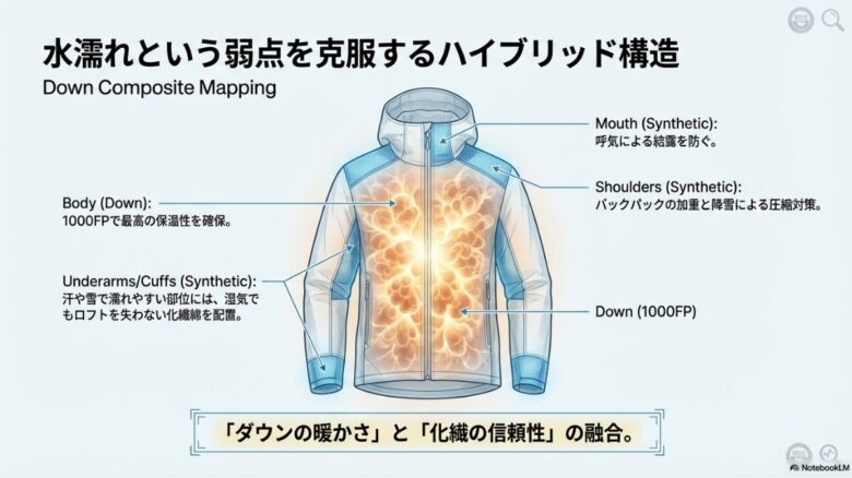 セリウムSVフーディのイラスト。ダウン(1000FP)と化繊綿がどの部位に配置されているかを解説したハイブリッド構造の図 。