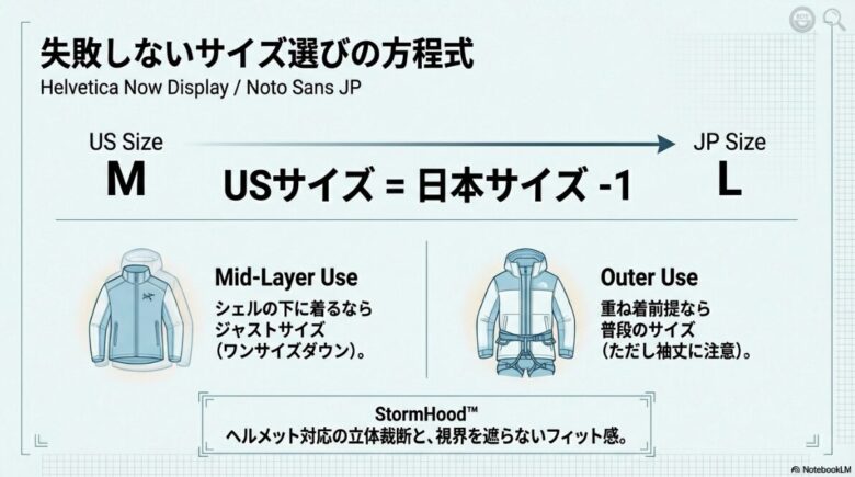 USサイズと日本サイズの対応関係(マイナス1サイズ)と、ミッドレイヤー・アウターそれぞれの用途別サイズ選びの目安 。