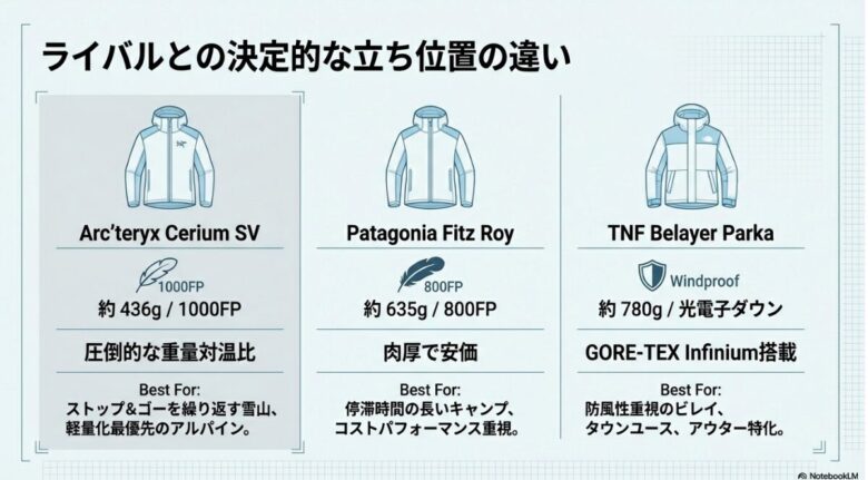 アークテリクス セリウムSV、パタゴニア フィッツロイ、ノースフェイス ビレイヤーパーカの3機種比較表。それぞれの強みと適したシーンのまとめ