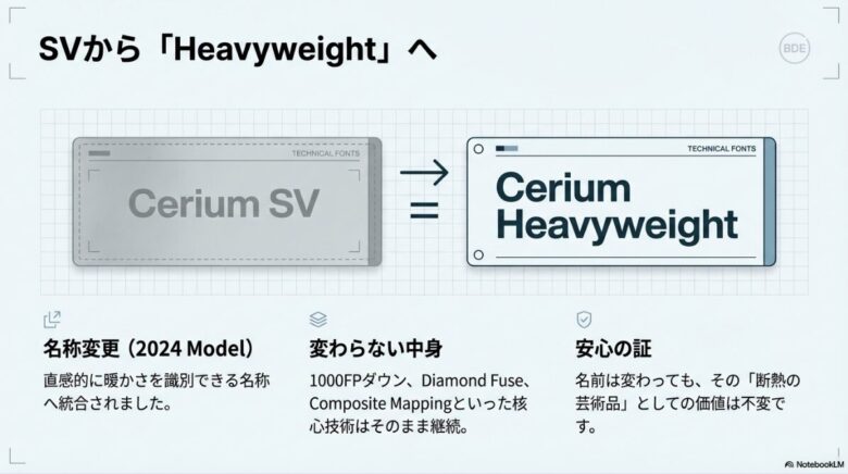 2024年モデルからの名称変更を解説。Cerium SVがCerium Heavyweightに統合されたことと、継続される核心技術の紹介 。
