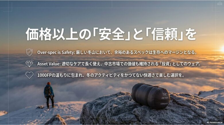 オーバースペックが安全に繋がること、資産価値としてのウェア、1000FPの温もりの選択。記事の最終結論まとめスライド 。