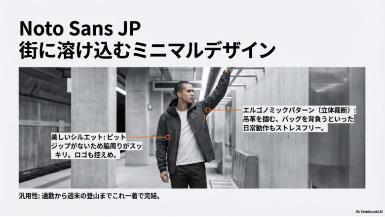 脇周りがスッキリした美しいシルエットと控えめなロゴ。吊革を掴むなどの日常動作をストレスフリーにする立体裁断（エルゴノミックパターン）の解説 。