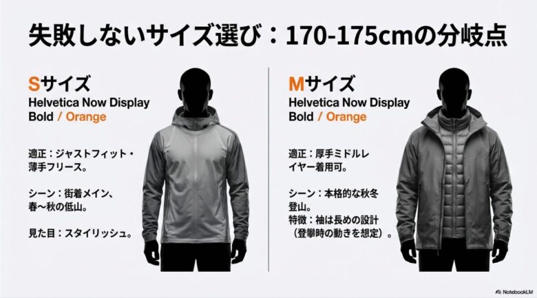 Sサイズ（ジャストフィット・街着・春〜秋の低山向き）とMサイズ（厚手ミドルレイヤー対応・本格秋冬登山向き）の着用シーンと特徴の比較 。