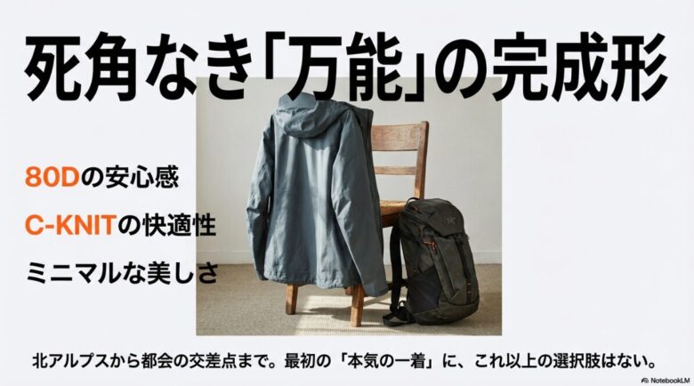 80Dの安心感、C-KNITの快適性、ミニマルな美しさを兼ね備えたベータジャケット。北アルプスから都会まで対応する「最初の本気の一着」としての総括 。