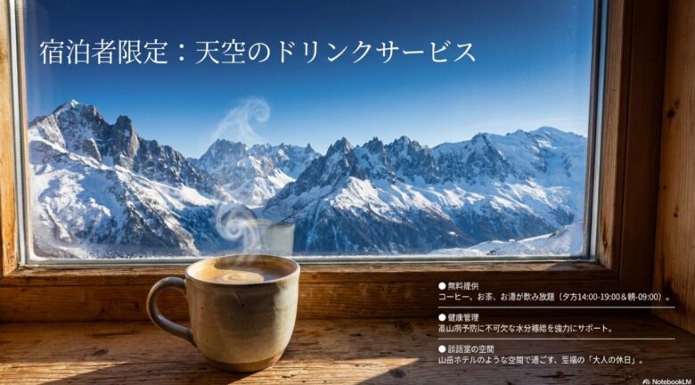 コーヒー、お茶、お湯が無料提供される談話室でのリラックスタイムを紹介するスライド