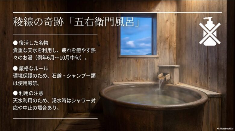 貴重な天水を利用した五右衛門風呂の紹介と、環境保護のための石鹸類使用厳禁ルールを説明するスライド