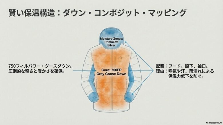 ソラノダウンフーディの中綿配置図。核心部に750FPグースダウン、呼気や汗の影響を受けやすいフード・脇下・袖口に化繊中綿を配置した構造。