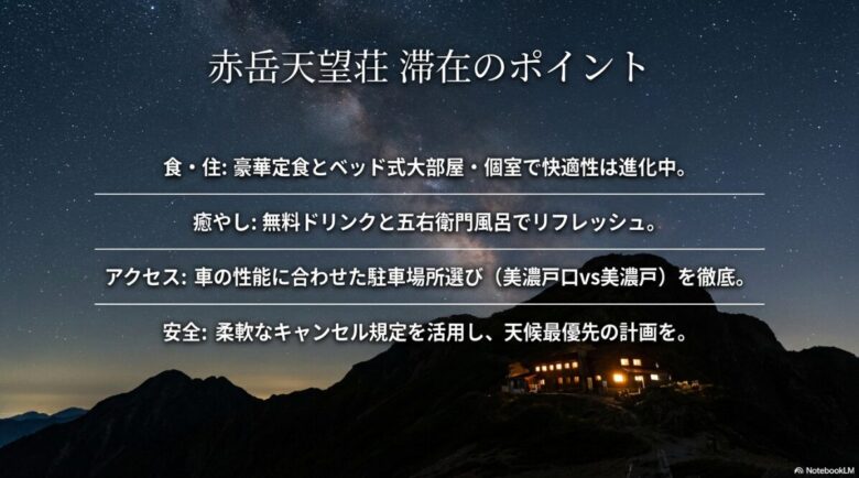 空き状況が見えるWEB予約の推奨と、天候悪化・体調不良時のキャンセル料無料規定を説明するスライド