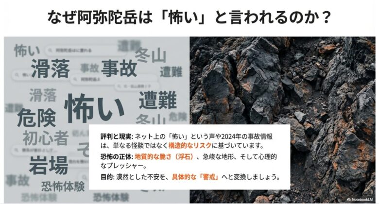 ネットの声や事故情報、地質的な脆さ、急峻な地形など、阿弥陀岳が「怖い」とされる構造的リスクをまとめたスライド