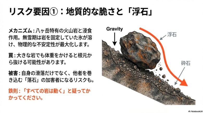 八ヶ岳特有の脆い火山岩が、体重をかけることで根元から抜ける「浮石」のメカニズムと、落石リスクを説明した図解スライド