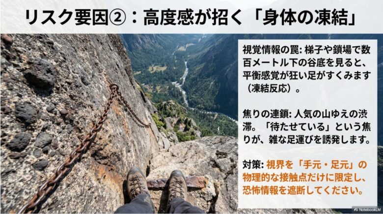 梯子や鎖場での高度感によって平衡感覚が狂い、身体が硬直する「凍結反応」のリスクと、視界を限定する対策を説明するスライド