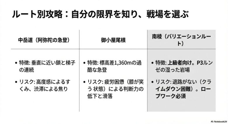 中岳道、御小屋尾根、南稜の各ルートの特徴、リスク、必要技術を簡潔に比較したスライド資料