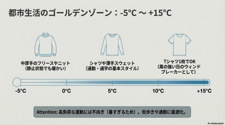 -5度から+15度までの気温に応じた服装目安。Tシャツ、シャツ、中厚手フリースなどを使い分ける都市生活のゴールデンゾーンを解説。