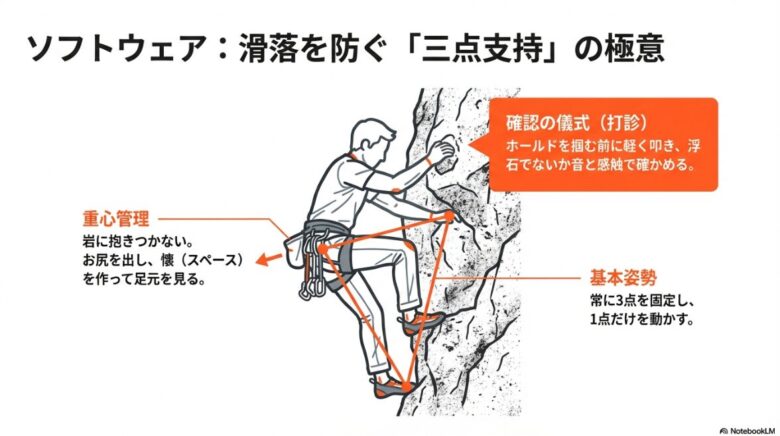 ホールドの安全を確認する「打診」、岩に抱きつかない重心管理、三点支持の基本姿勢をイラストで解説した技術スライド