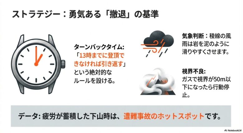 13時のターンバックタイム設定や、風雨・視界不良時の行動停止など、具体的な撤退基準をまとめたガイドスライド
