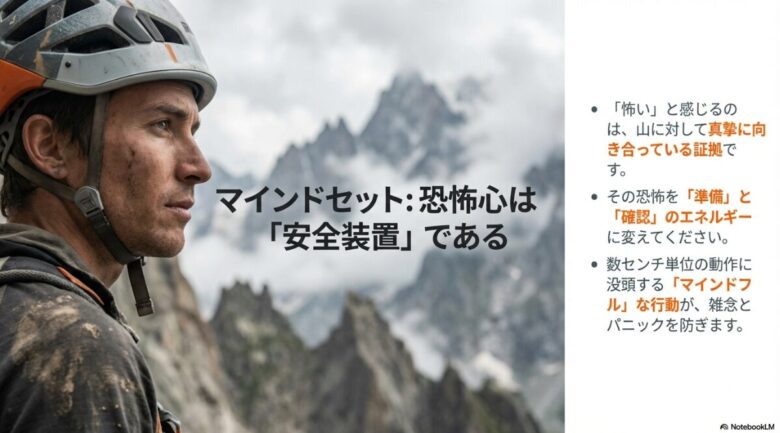 恐怖を真摯な向き合いの証拠と捉え、マインドフルな行動でパニックを防ぐための心の持ち方を解説したスライド