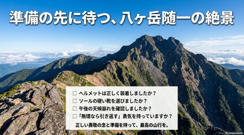 装備の装着、靴の選択、天候確認、撤退する勇気の4点を最終確認するチェックリスト形式のスライド