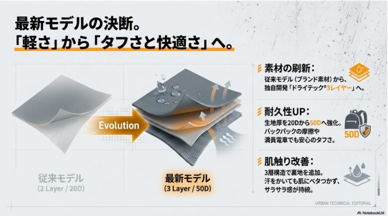 独自開発ドライテック3レイヤーへの刷新と、生地厚を20Dから50Dへ強化した耐久性比較図