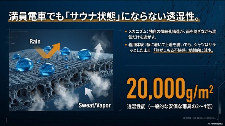 微細孔構造が雨を防ぎながら湿気だけを逃がす仕組みと、20,000g/m²の透湿性能の解説図