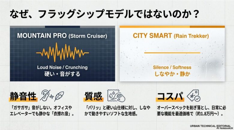ストームクルーザーとレイントレッカーの質感、衣擦れ音、コスパの違いをまとめた比較スライド
