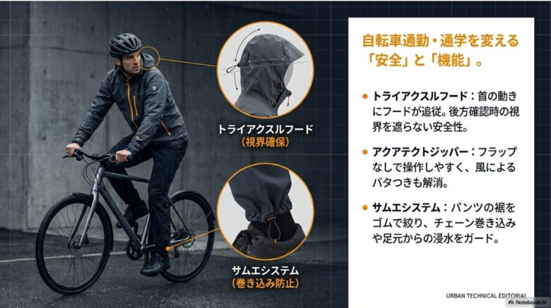 トライアクスルフード、アクアテクトジッパー、サムエシステムの機能説明スライド