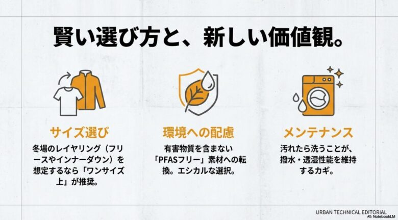 サイズ選びのコツ、PFASフリー素材、性能維持のためのメンテナンス方法をまとめたスライド