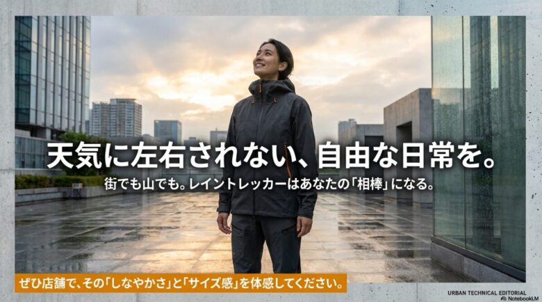 街でも山でも活躍するレイントレッカーで自由な日常を手に入れよう、と結ぶスライド