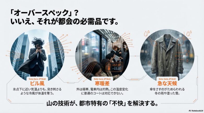 ビル風、寒暖差、急な天候の変化という都会特有の不快な要素を、山の技術が解決することを示すイメージスライド。