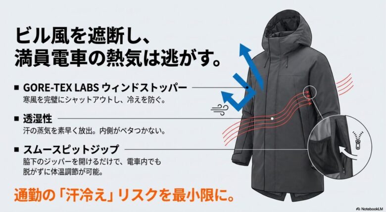 GORE-TEX LABS ウィンドストッパーによる防風透湿性と、脇下のスムースピットジップによる体温調節機能を説明する図解スライド。