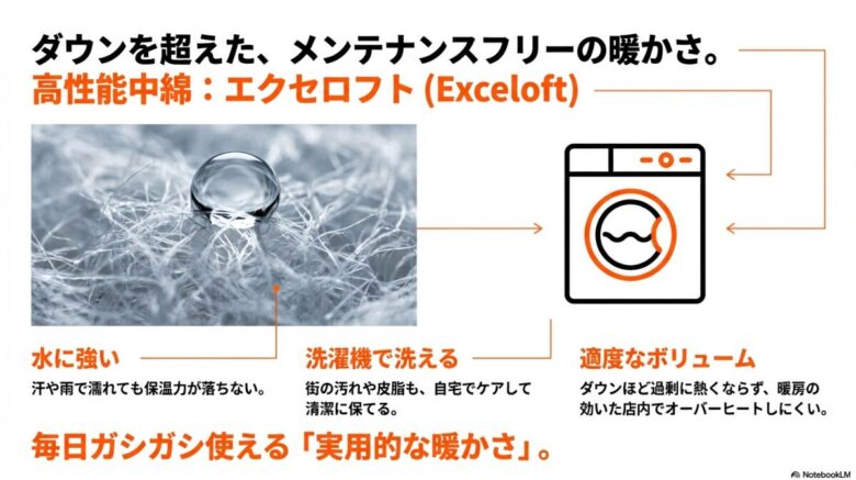 水に強く、洗濯機で洗えて、適度なボリュームでオーバーヒートを防ぐエクセロフト（Exceloft）の特徴をまとめたスライド。