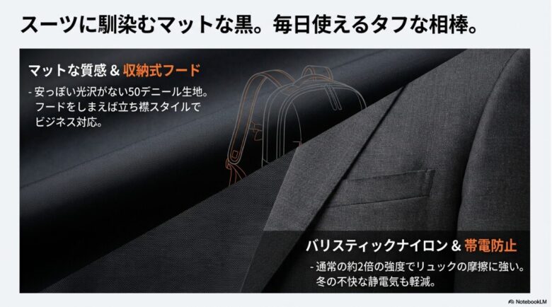 マットな質感の50デニール生地、収納式フード、高強度バリスティックナイロン、帯電防止機能について解説したスライド。