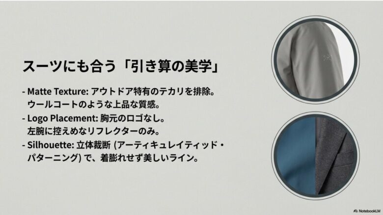 デザインのこだわりを紹介。アウトドア特有のテカリを抑えた質感、胸元のロゴ排除、立体裁断による美しいシルエットの解説。
